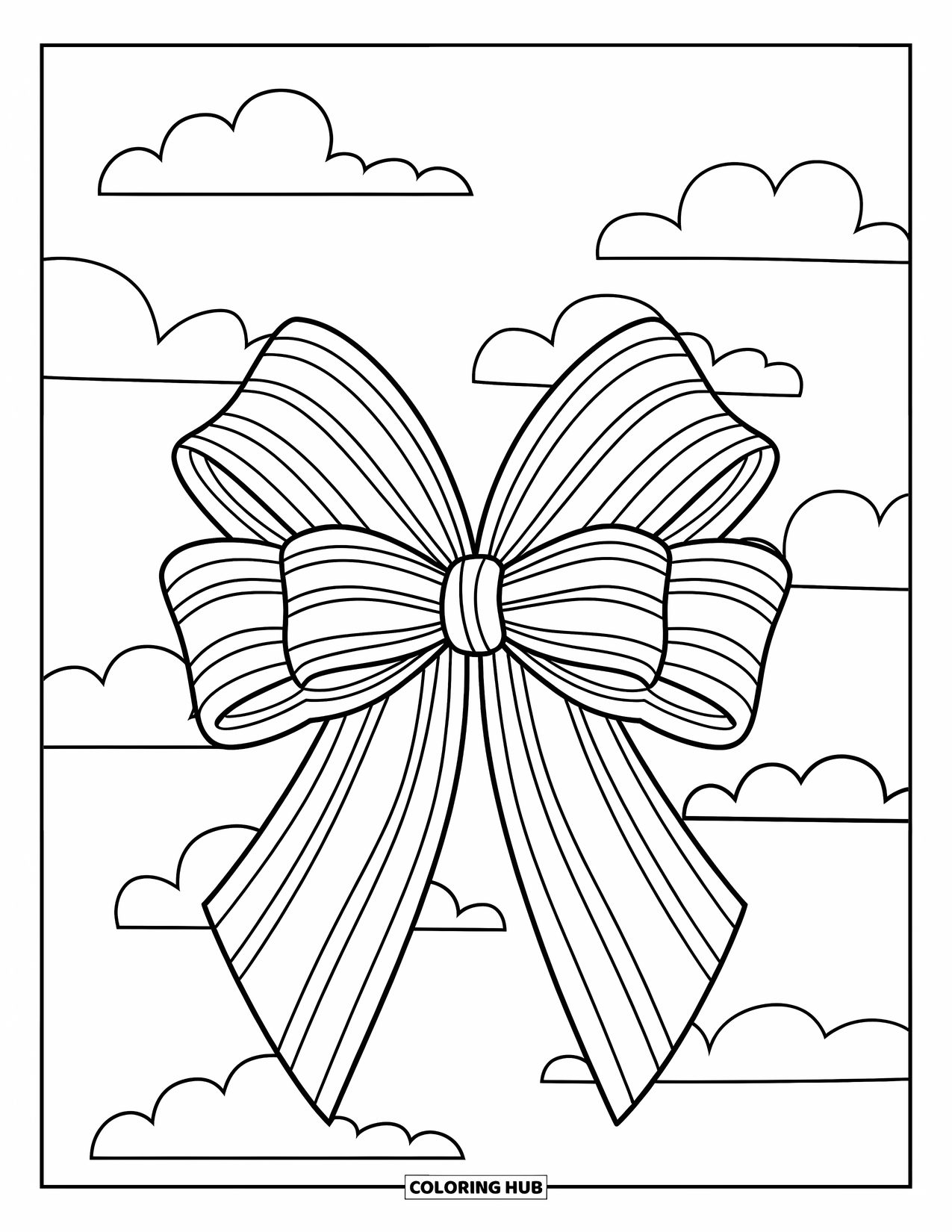 Bow Coloring Page for Kids: A delicate ribbon bow with soft stripes, floating above a background of gentle clouds