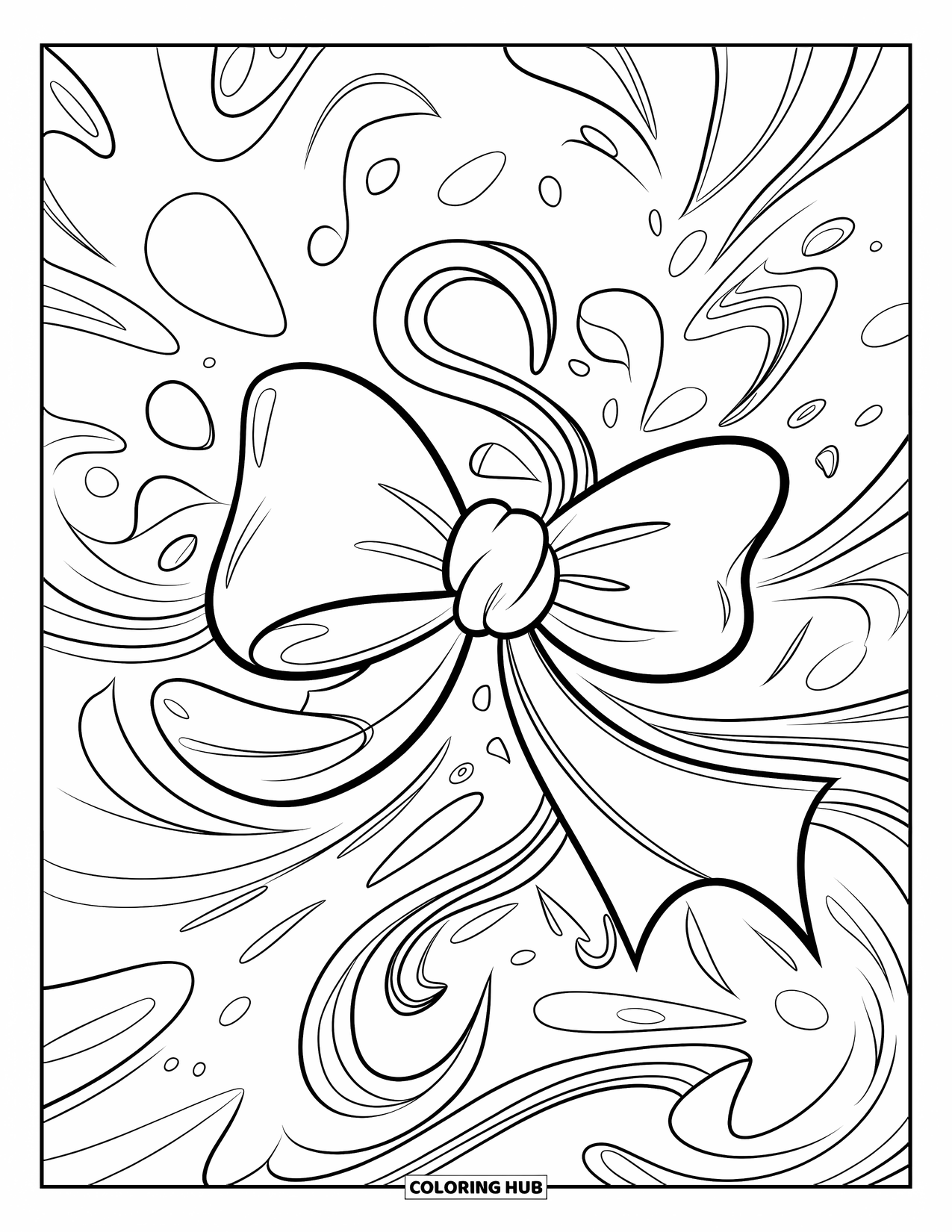 Bow Coloring Page for Kids: A dynamic bow with ribbon loops, floating among expressive and modern abstract shapes