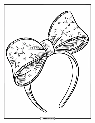Dibujo de lazo para colorear para niños: Un lazo de moda en una diadema, adornado con estrellas brillantes y un toque moderno