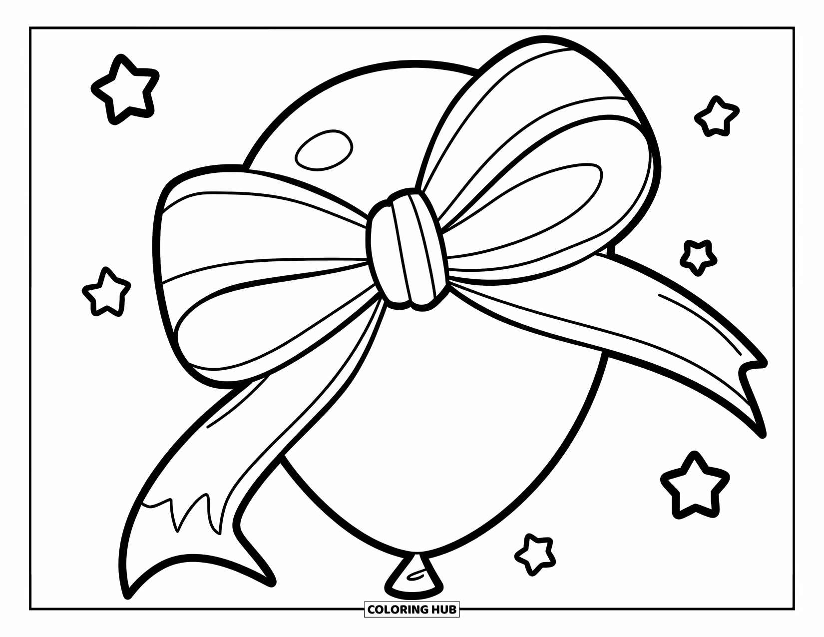 Bow Coloring Page for Kids: A giant bow tied around a balloon, surrounded by floating stars in a cheerful design