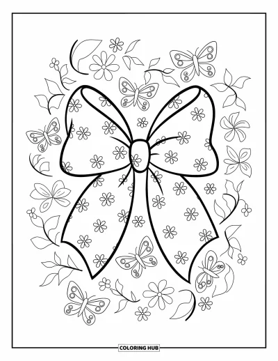 Dibujo de lazo para colorear para niños: Un lazo para el cabello rodeado de flores y mariposas, con patrones delicados en la cinta