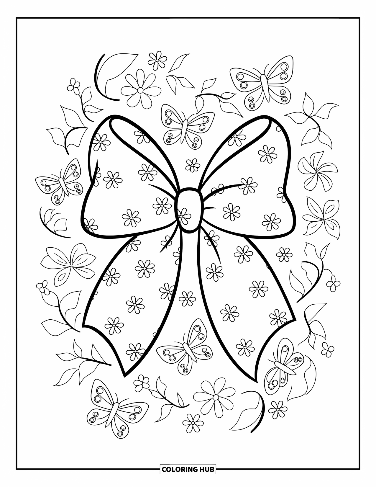 Bow Coloring Page for Kids: A hair bow surrounded by flowers and butterflies, with delicate patterns on the ribbon