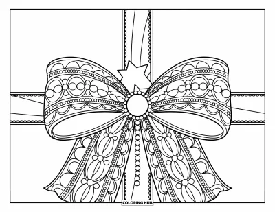 Dibujo de lazo para colorear para niños: Un lazo adornado con encaje con perlas, envuelto alrededor de una cinta elegante con detalles de estrellas