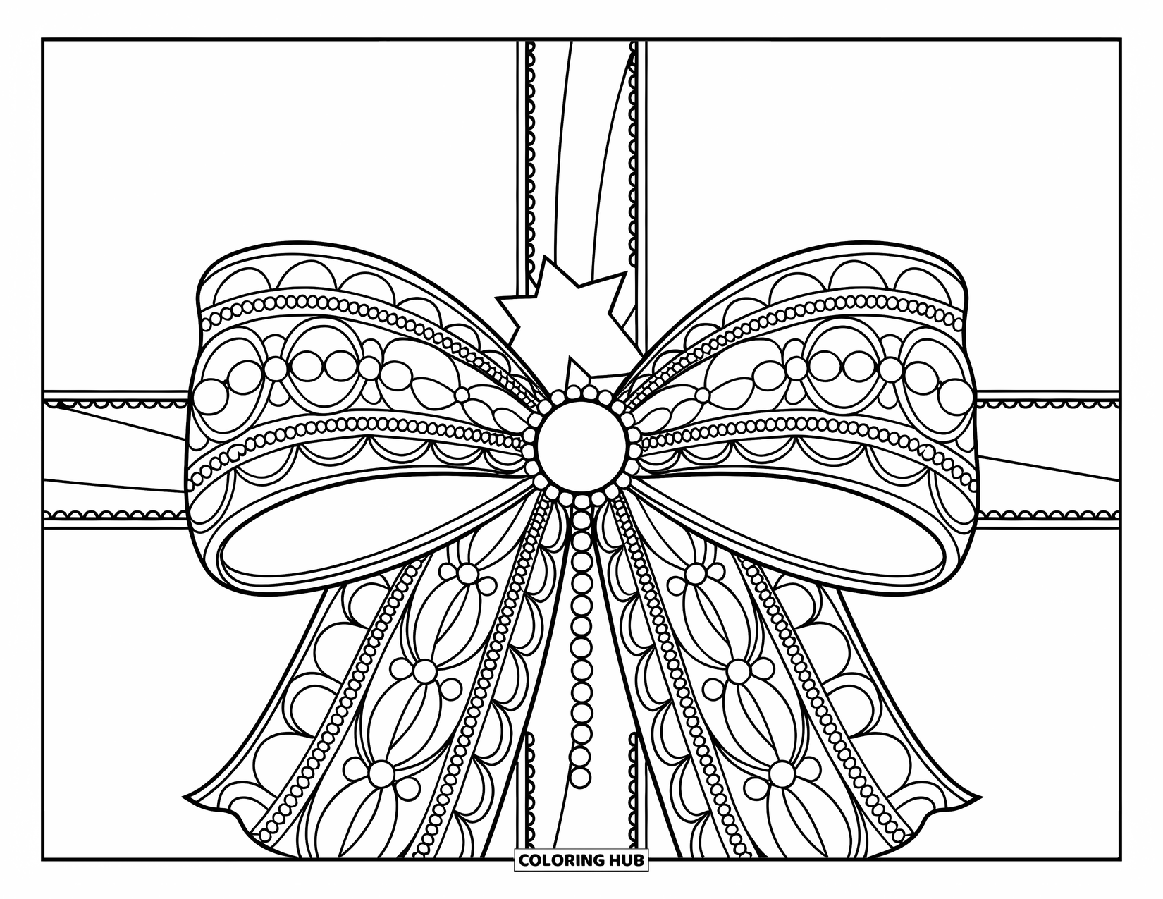 Bow Coloring Page for Kids: A lace-adorned bow with pearls, wrapped around an elegant ribbon with star accents