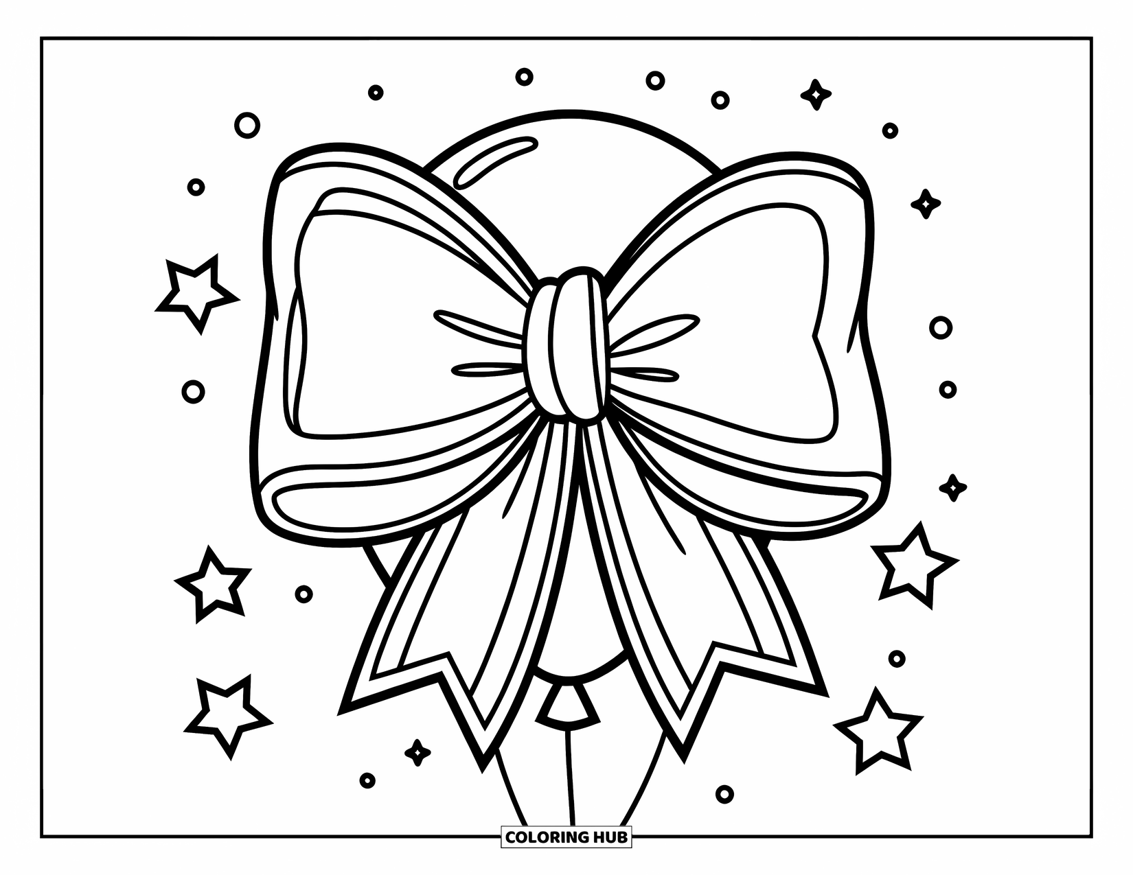 Bow Coloring Page for Kids: A playful balloon with a large bow, floating among stars in a simple, cute style