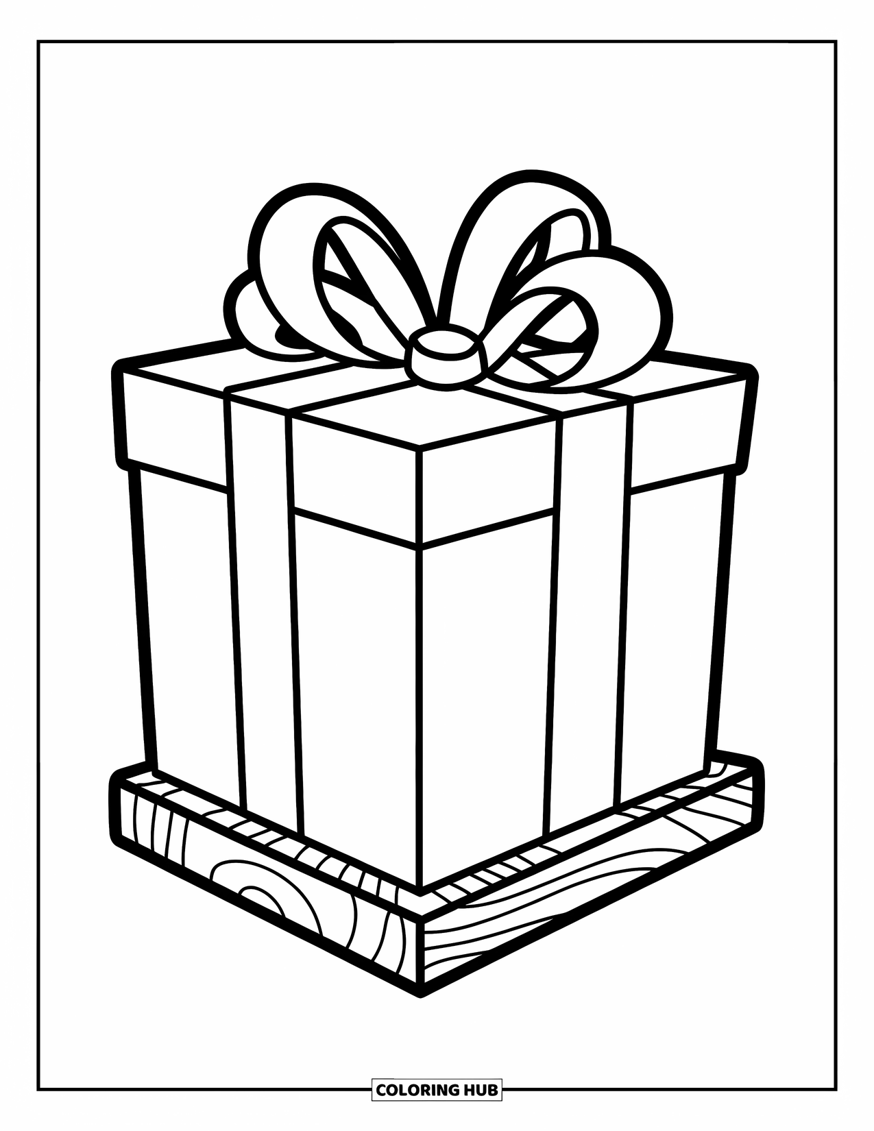 Bow Coloring Page for Kids: A present box wrapped with a bold ribbon bow, sitting neatly on a wooden base