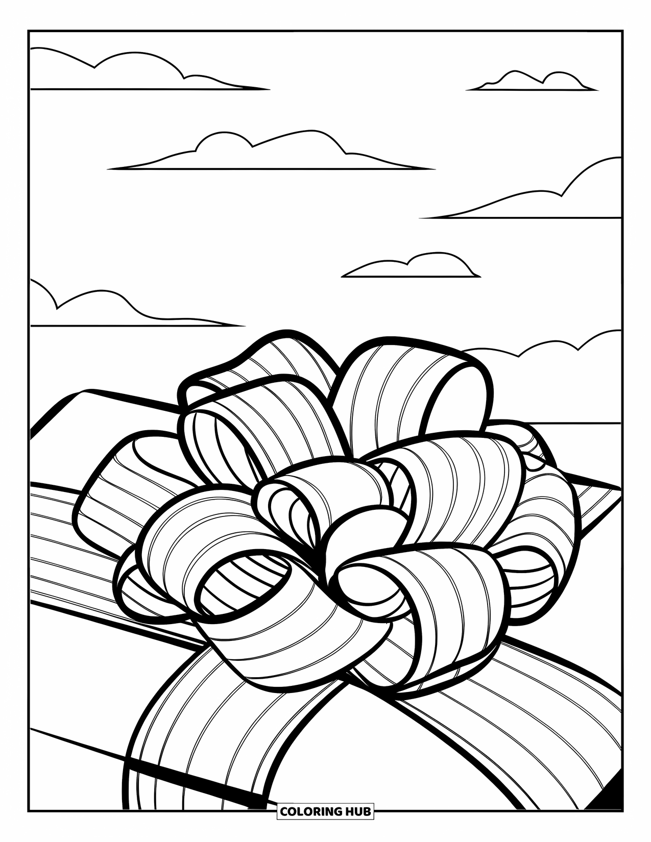Bow Coloring Page for Kids: A ribbon bow with elegant loops and light stripes, tied around a special package