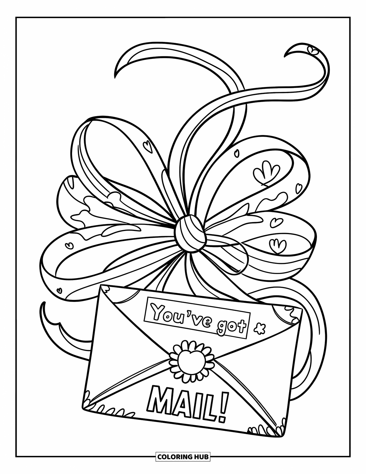 Bow Coloring Page for Kids: A ribbon-wrapped vintage envelope with a special message, accented by tiny hearts