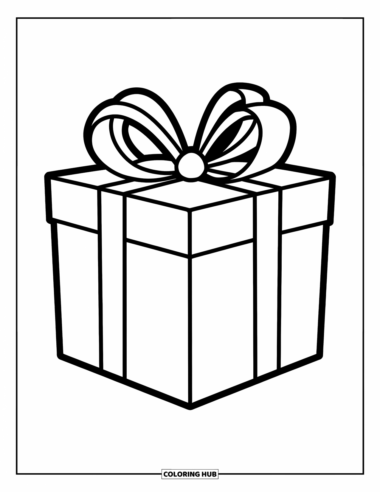 Bow Coloring Page for Kids: A simple gift box with a bold ribbon bow, perfect for a cheerful celebration