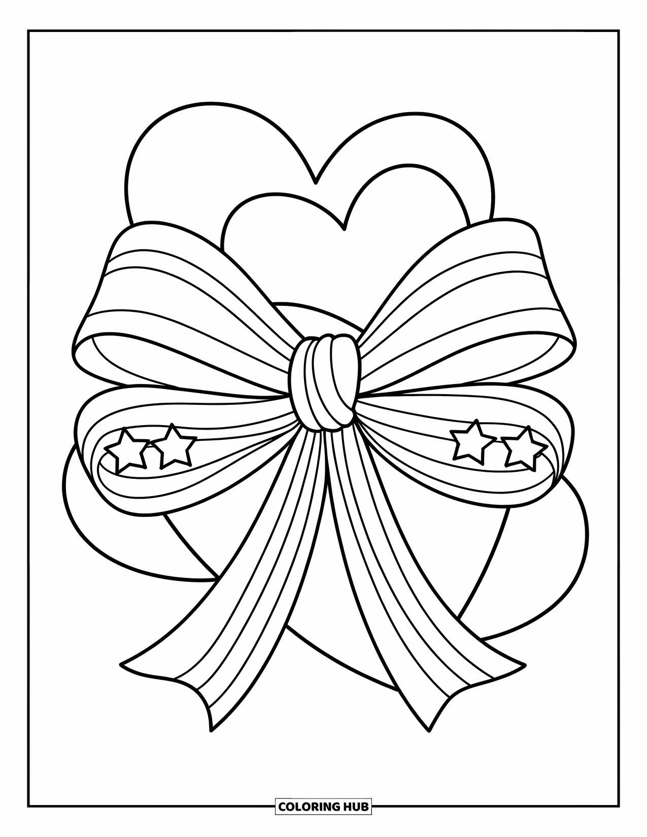 Bow Coloring Page for Kids: A simple yet stylish bow with star and stripe details, tied around a few big hearts