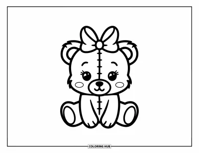Dibujo de lazo para colorear para niños: Un pequeño oso de peluche con un lazo lindo en la cabeza, sentado dulcemente con detalles mínimos