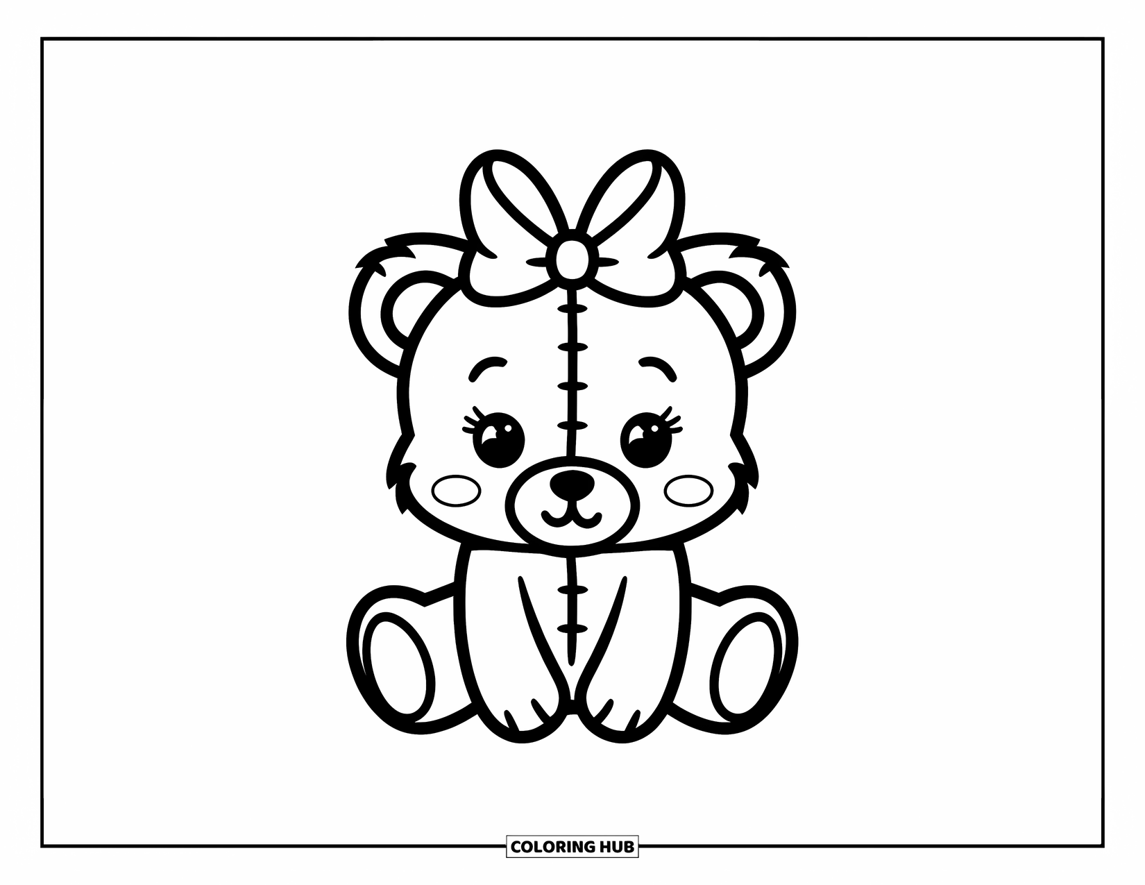 Bow Coloring Page for Kids: A small teddy bear with a cute bow on its head, sitting sweetly with minimal details