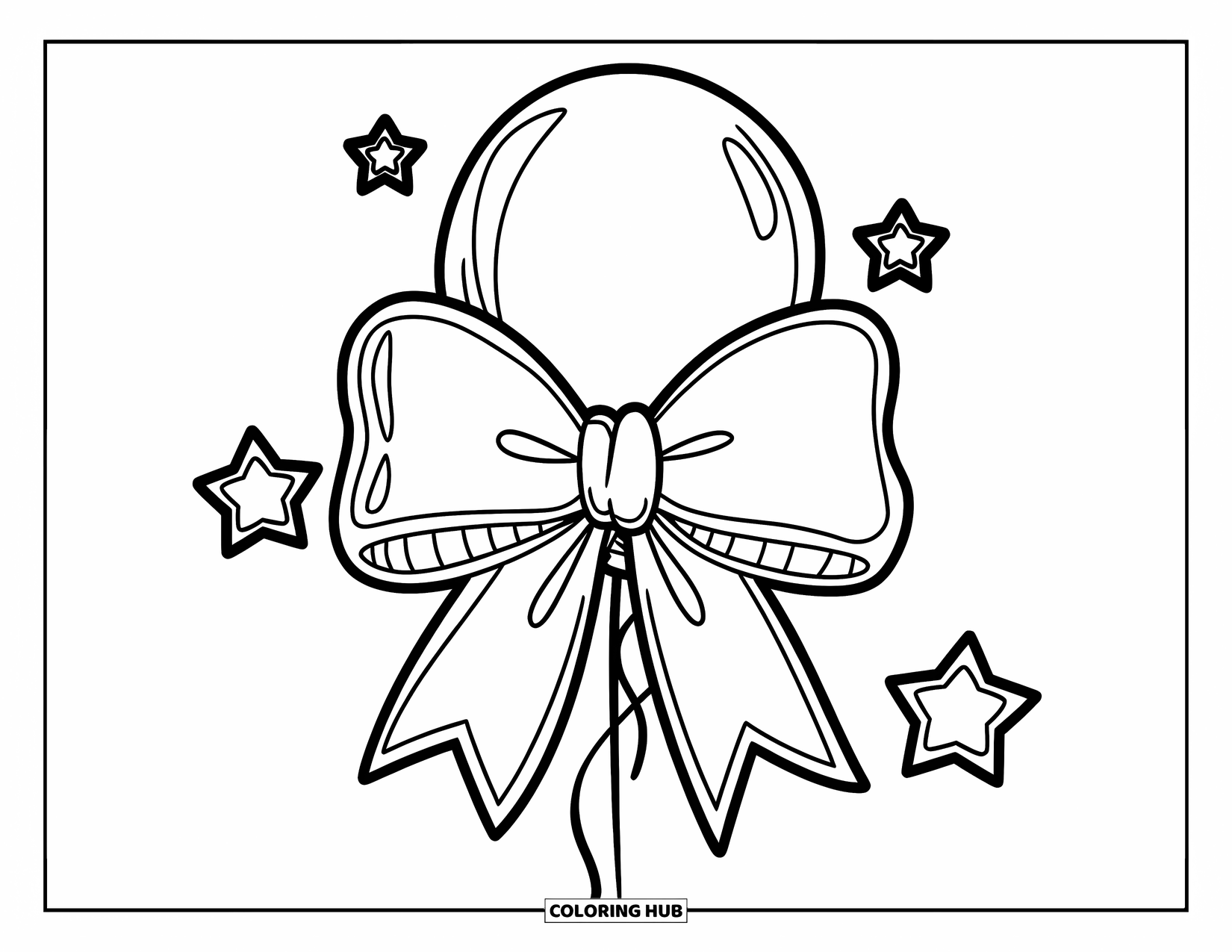 Bow Coloring Page for Kids: A soft, round balloon tied with a large bow, floating in a dreamy sky with stars