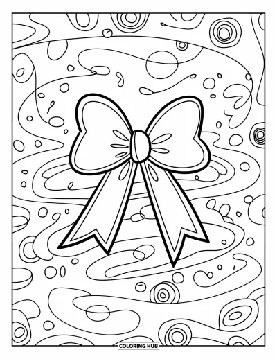 Dibujo de lazo para colorear para niños: Un lazo elegante rodeado de remolinos abstractos, círculos y elementos decorativos divertidos