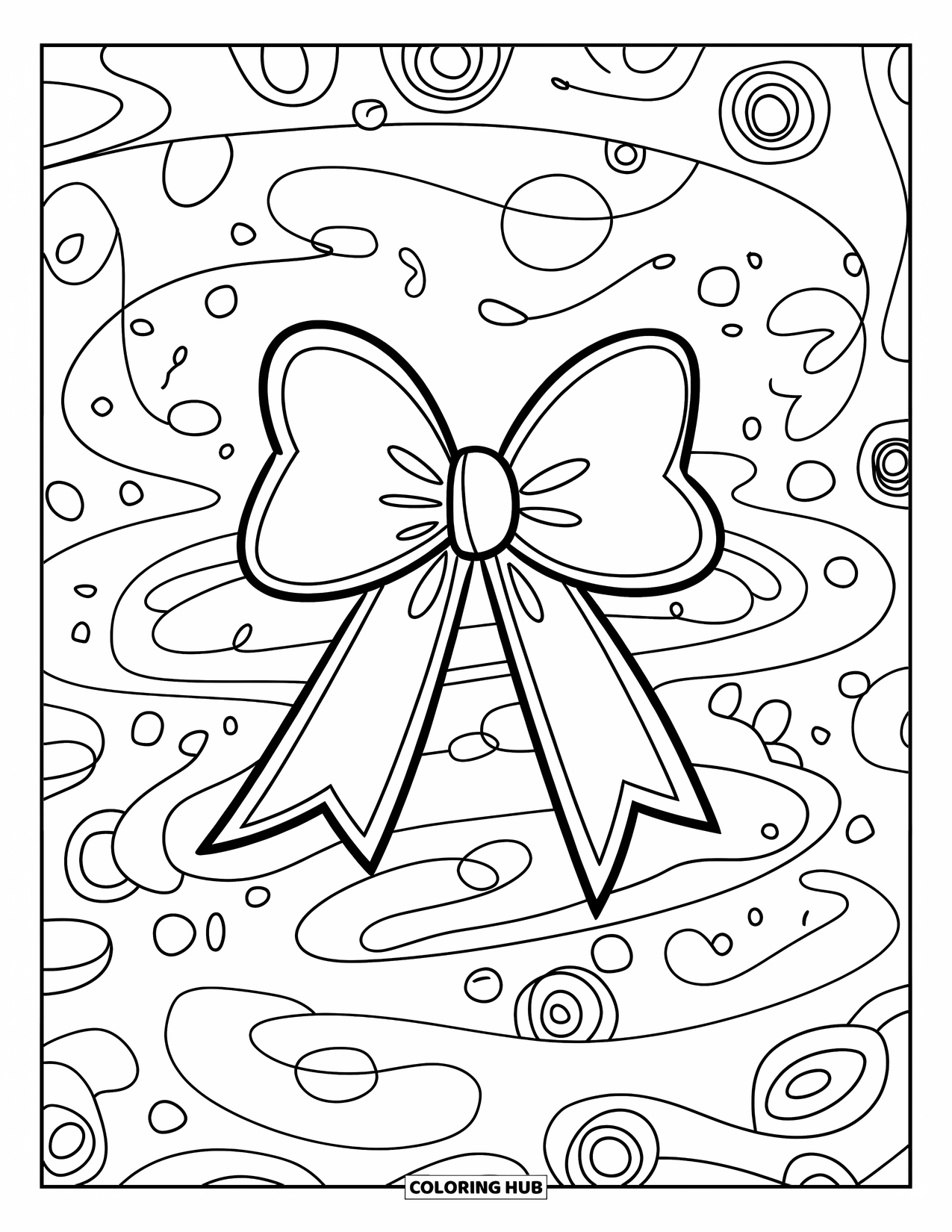 Bow Coloring Page for Kids: A stylish bow surrounded by abstract swirls, circles, and playful decorative elements