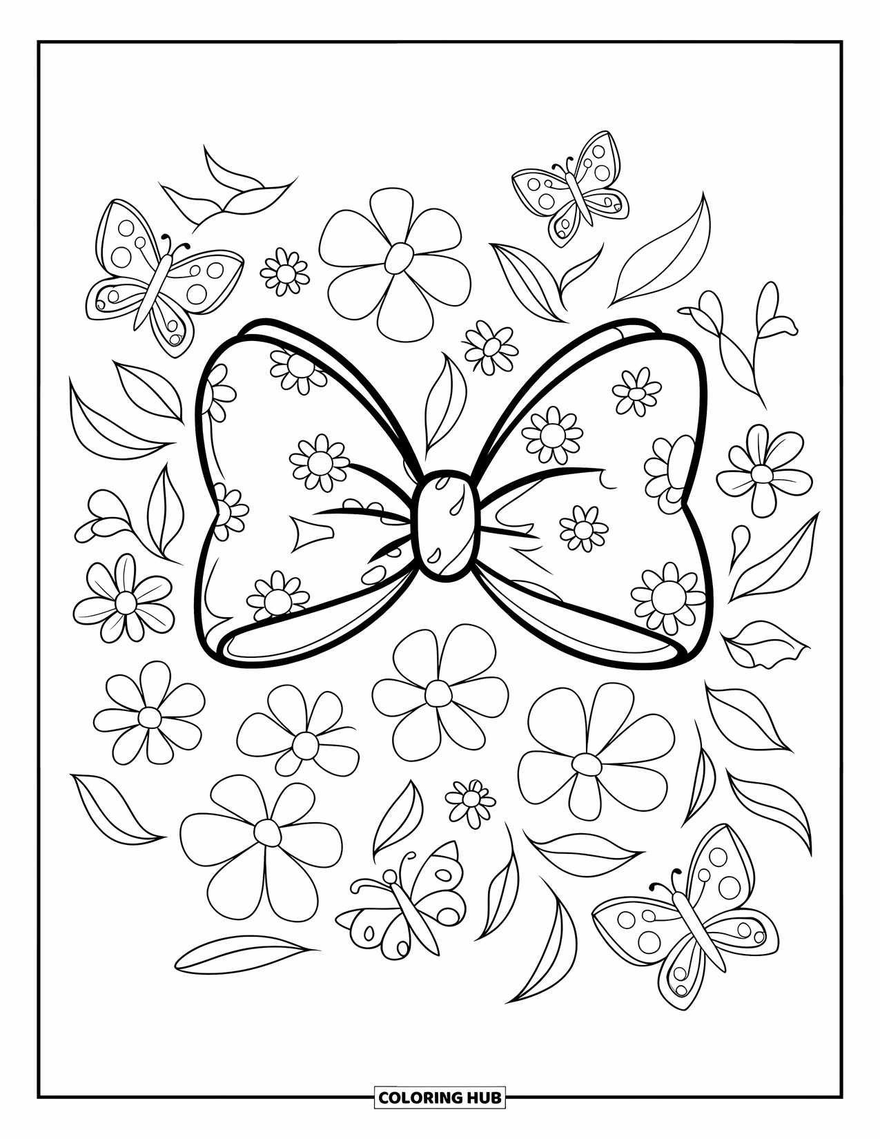 Bow Coloring Page for Kids: A stylish hair bow with floral and butterfly accents, adding a touch of elegance