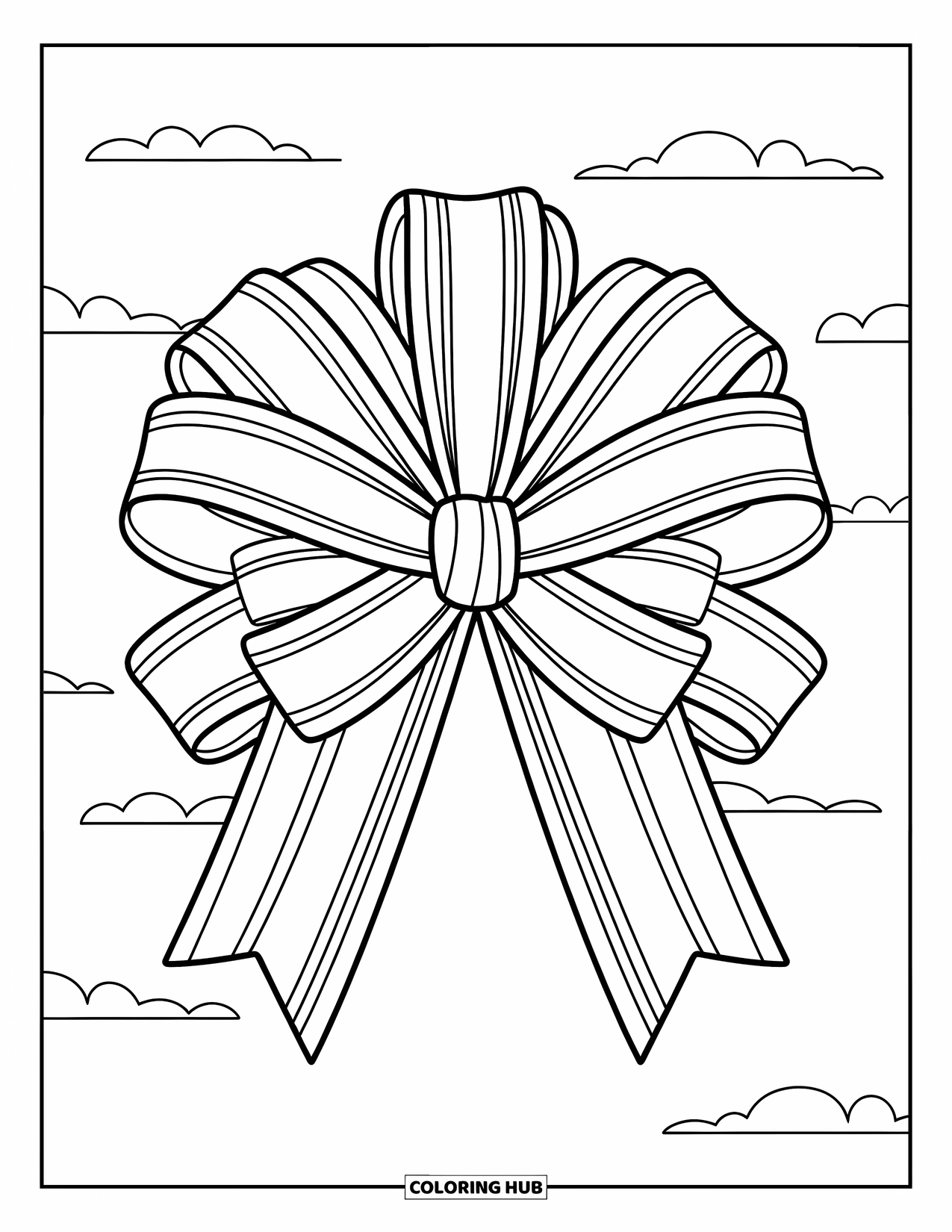 Bow Coloring Page for Kids: A stylish ribbon bow with layered loops and subtle stripes, floating among clouds