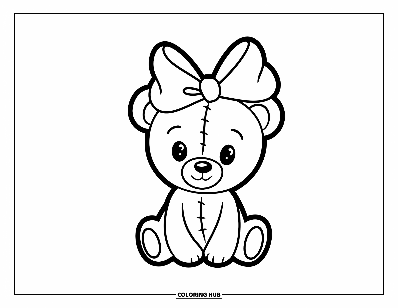 Bow Coloring Page for Kids: A teddy bear with a big bow on its head, drawn in a simple and adorable style