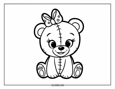 Dibujo de lazo para colorear para niños: Un pequeño oso de peluche con un lazo, sentado pacíficamente y diseñado con características fáciles de colorear