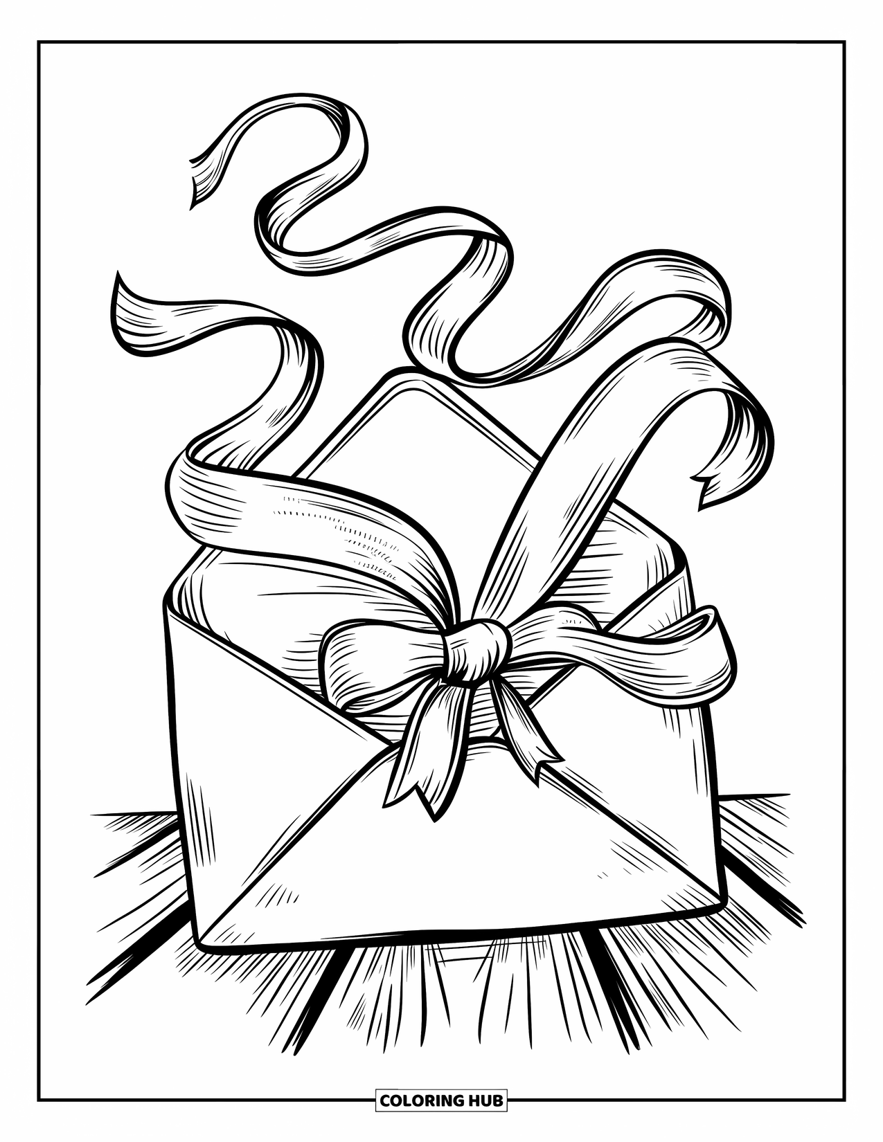 Bow Coloring Page for Kids: A vintage envelope tied with a ribbon bow, placed on a wooden surface