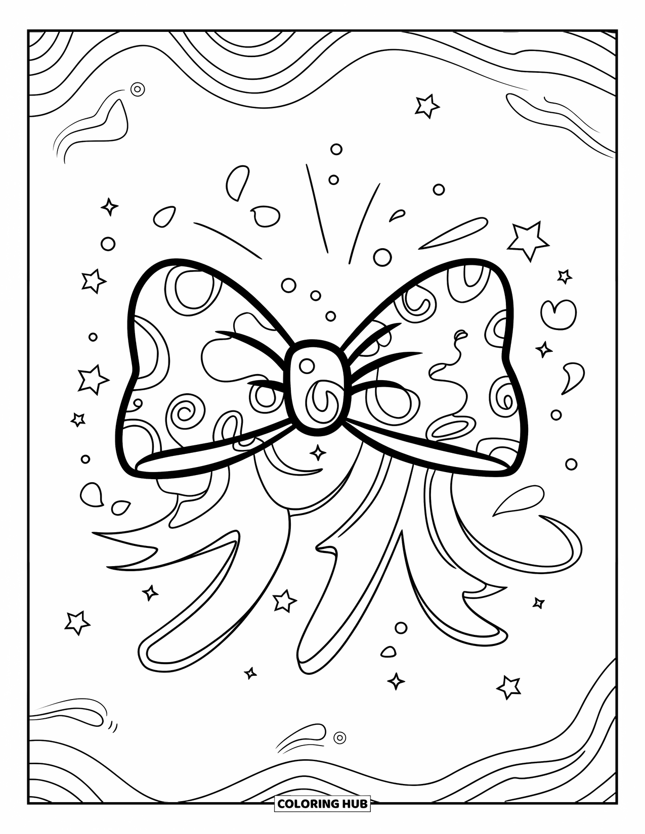 Bow Coloring Page for Kids: A whimsical bow surrounded by swirling patterns and abstract shapes for creative fun