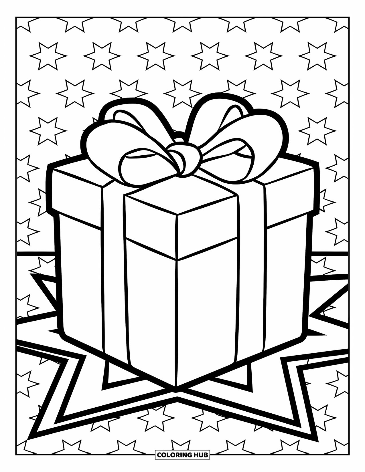 Bow Coloring Page for Kids: A wrapped present with a bold ribbon, placed on a star-patterned background