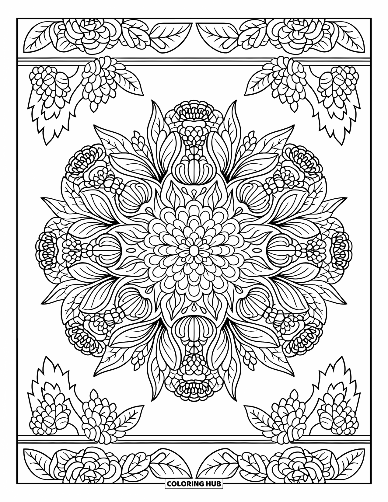 Broccoli Coloring Page for Adults: A broccoli-centered mandala with intricate vegetable and floral patterns