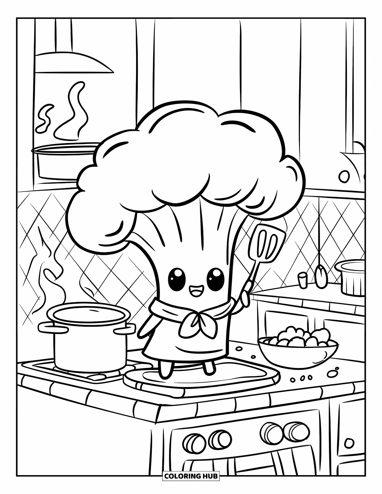 Broccoli Coloring Page for Adults: A broccoli chef happily cooks in a tiny kitchen filled with pots, bowls, and warm steam