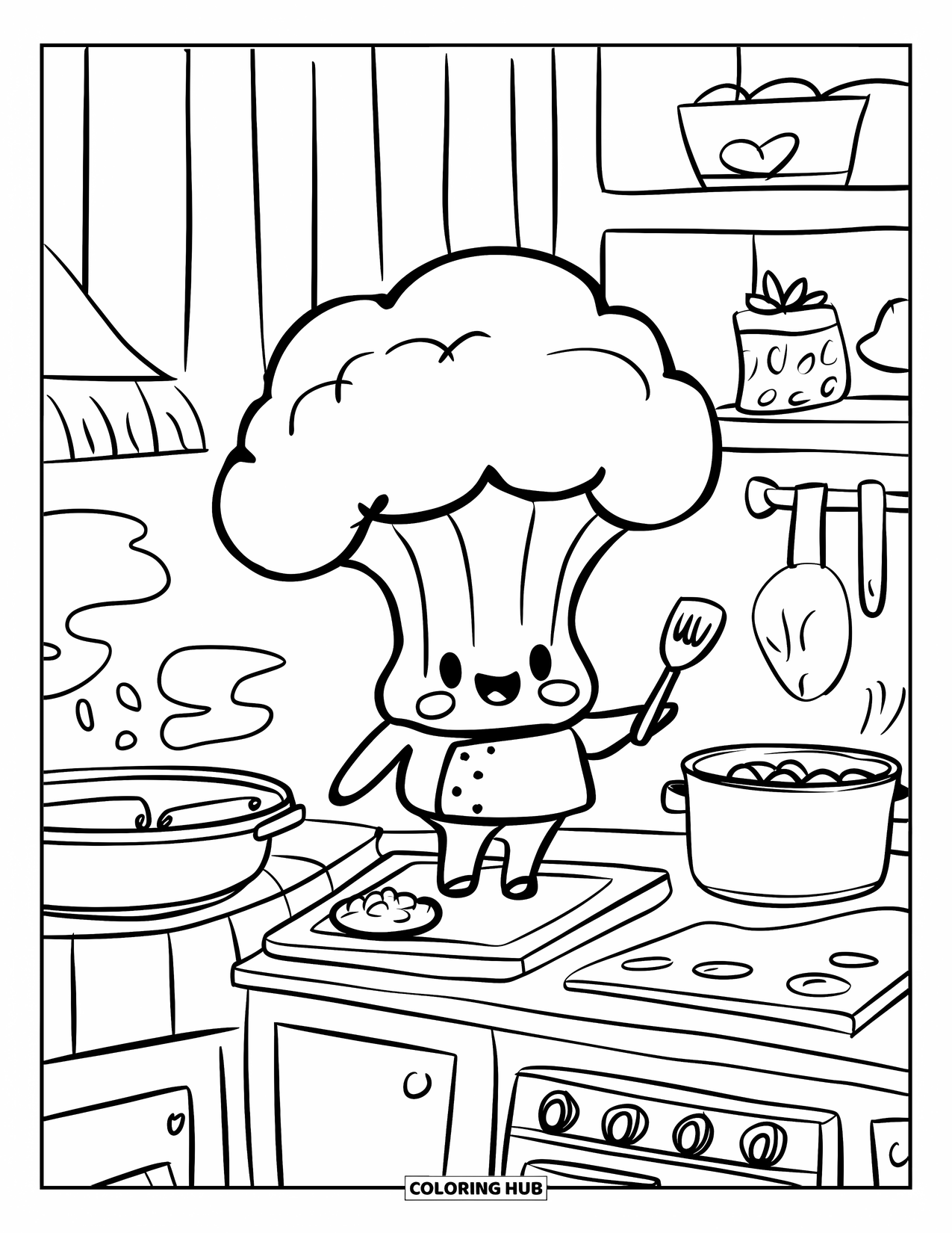 Broccoli Coloring Page for Adults: A broccoli chef stands on a cutting board, holding a tiny spatula in a cozy kitchen