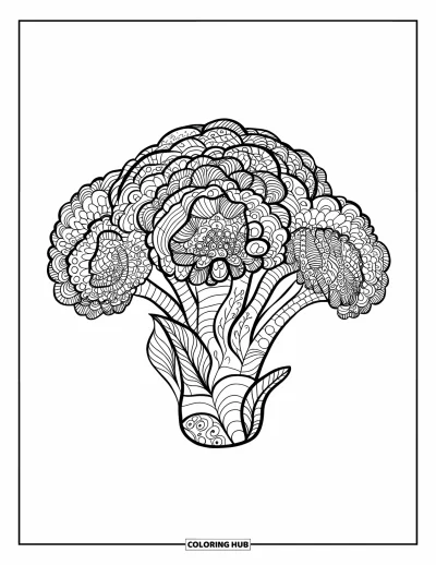 Brokkoli kifestő felnőtteknek: Egy brokkoli rajz egyedi zentangle mintákkal minden fejecskén és száron