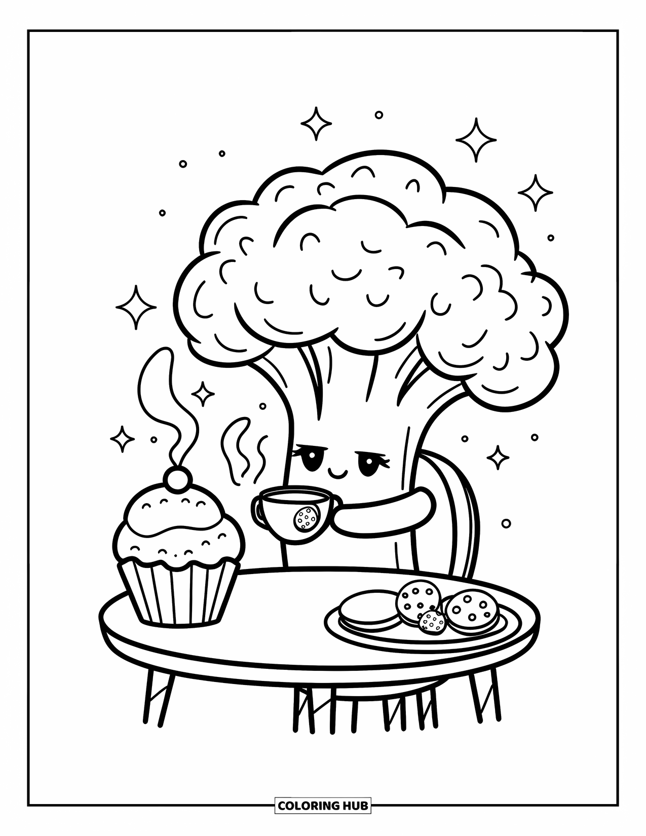 Broccoli Coloring Page for Adults: A broccoli enjoys tea time with a cupcake, cookies, and a magical atmosphere