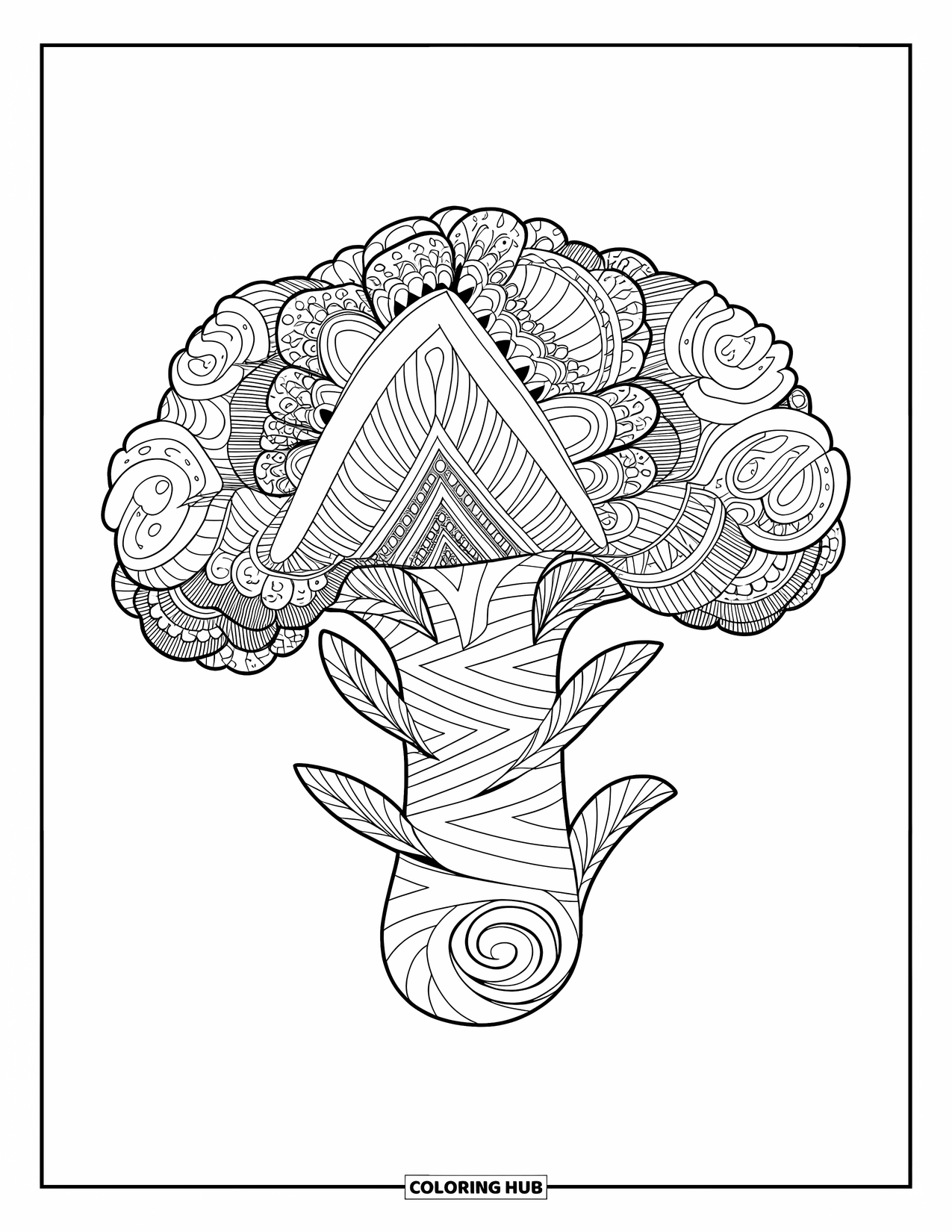 Broccoli Coloring Page for Adults: A broccoli floret adorned with swirls, spirals, and geometric zentangle designs
