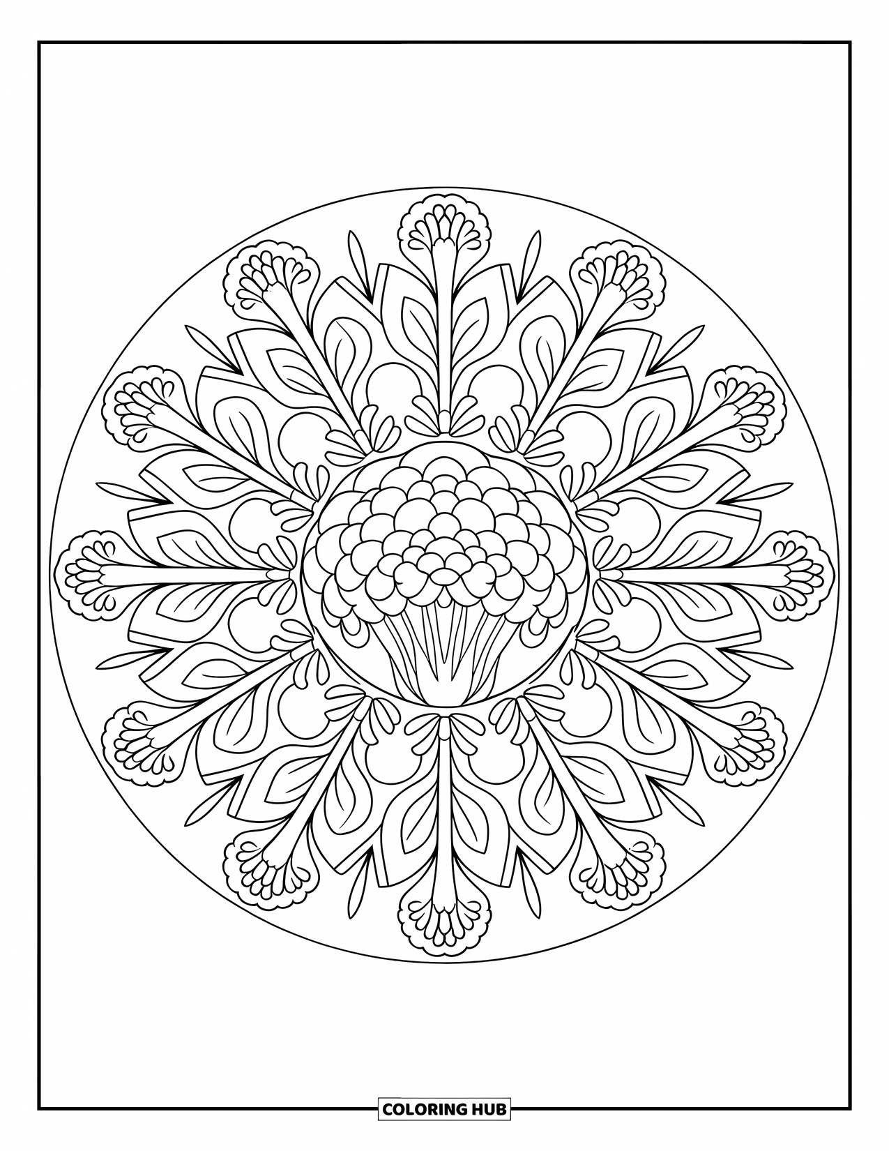 Broccoli Coloring Page for Adults: A broccoli mandala design radiating outward with symmetrical botanical details