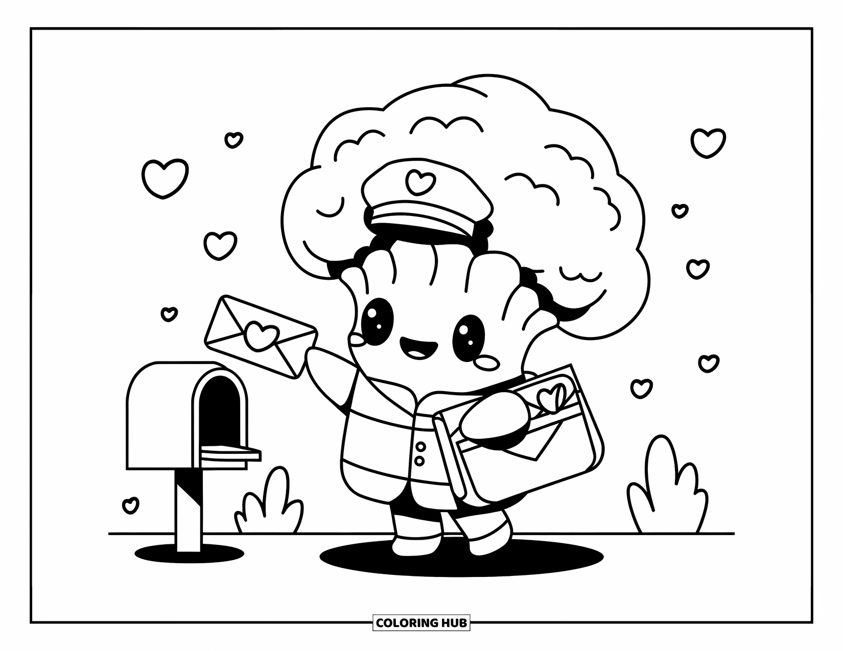 Broccoli Coloring Page for Adults: A broccoli postman with a heart-sealed letter stands near a mailbox with floating hearts