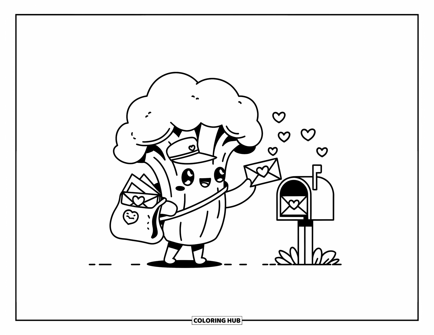 Broccoli Coloring Page for Adults: A broccoli postman with a tiny hat delivers a heart-sealed letter near a mailbox