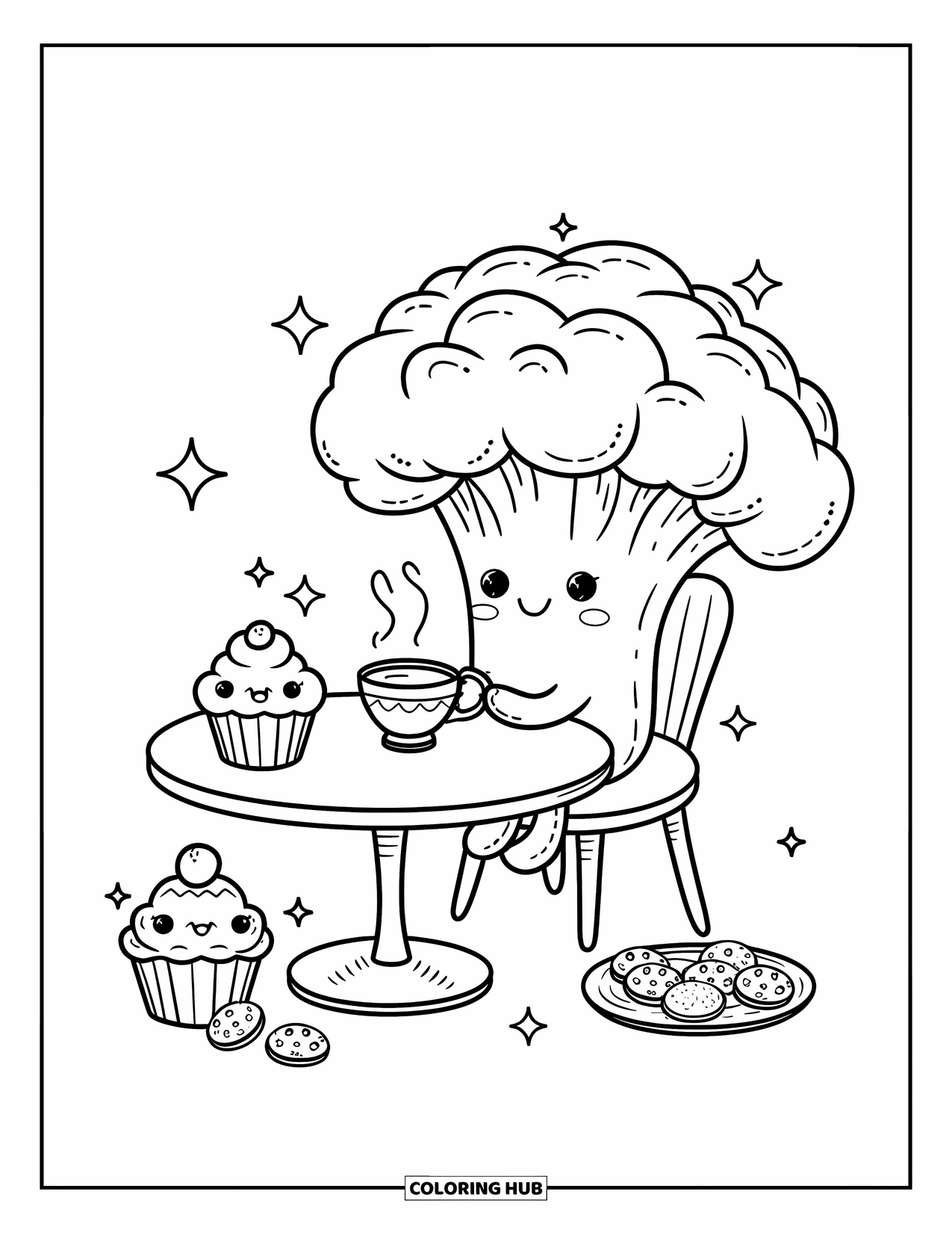 Broccoli Coloring Page for Adults: A broccoli sips tea at a cozy table with cookies, a cupcake, and floating sparkles