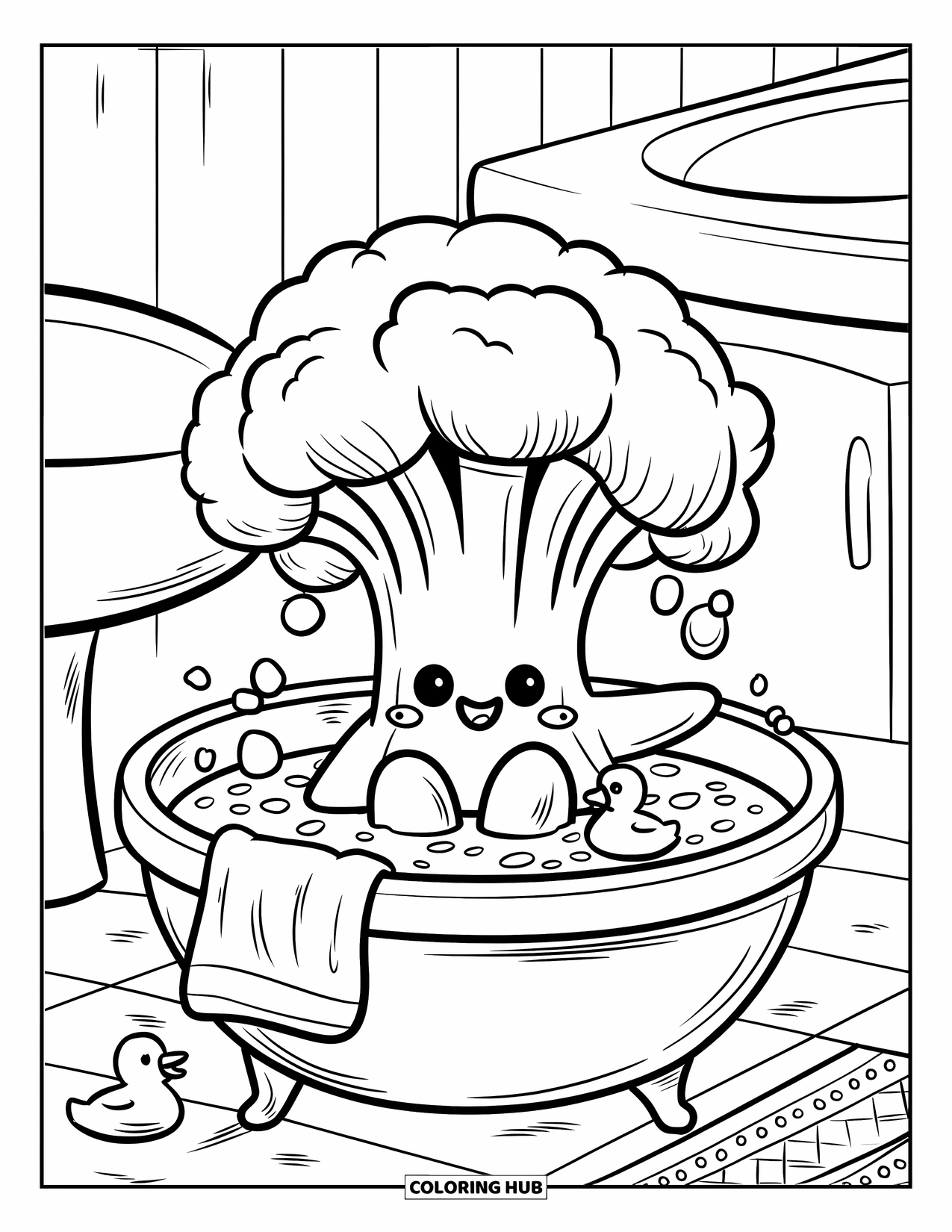 Broccoli Coloring Page for Adults: A broccoli sits in a bubbly bath with a rubber duck, enjoying a peaceful soak