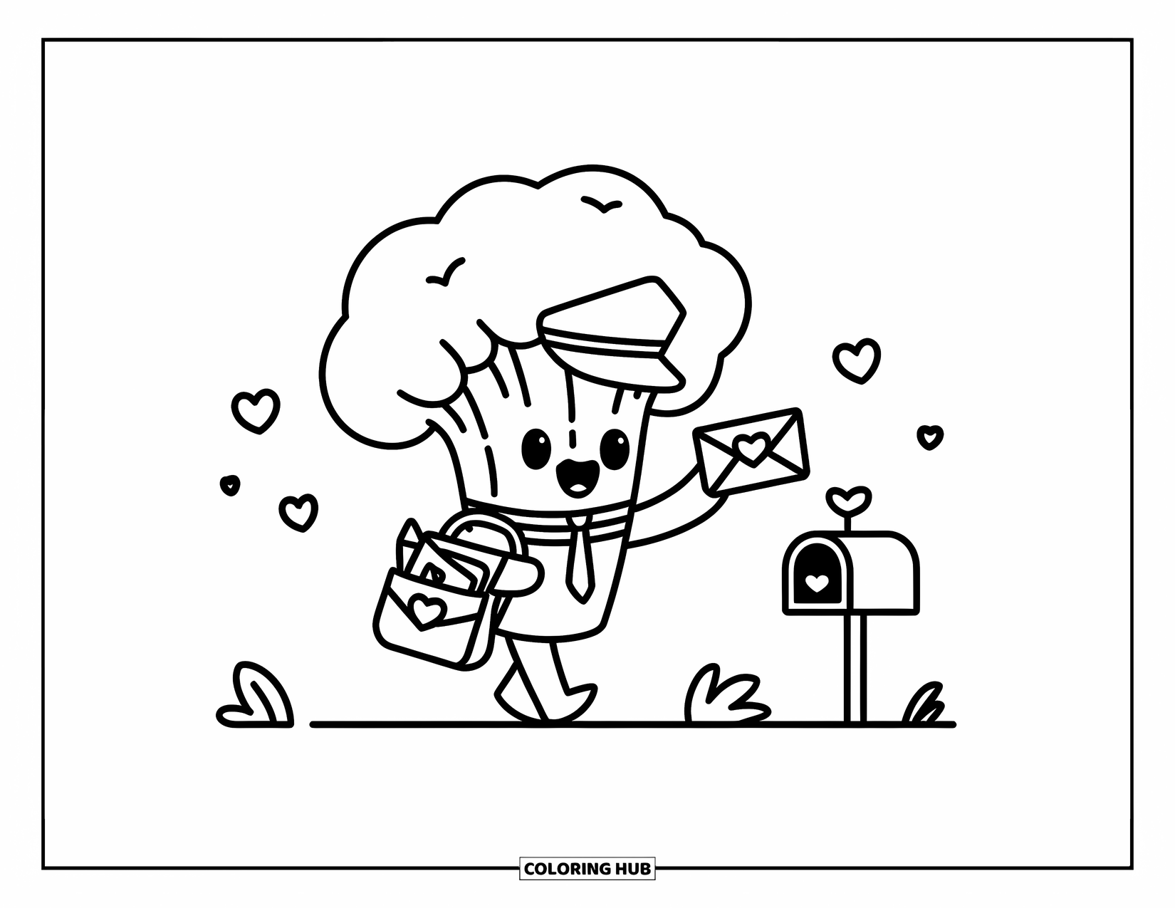 Broccoli Coloring Page for Adults: A cheerful broccoli postman hands out a love-sealed letter near a tiny mailbox