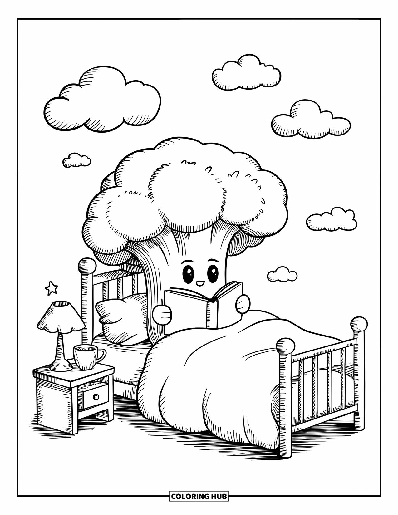 Broccoli Coloring Page for Adults: A cozy broccoli snuggles under a fluffy blanket, reading a bedtime story