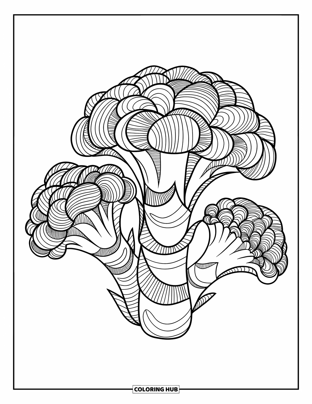 Broccoli Coloring Page for Adults: A zentangle-style broccoli with intricate patterns covering each floret