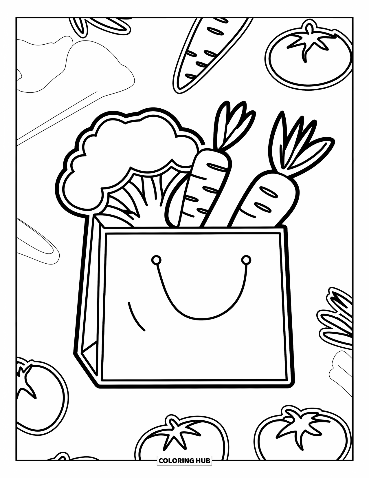 Broccoli Coloring Page for Kids: A bag filled with broccoli, carrots, and tomatoes sits ready for a healthy meal