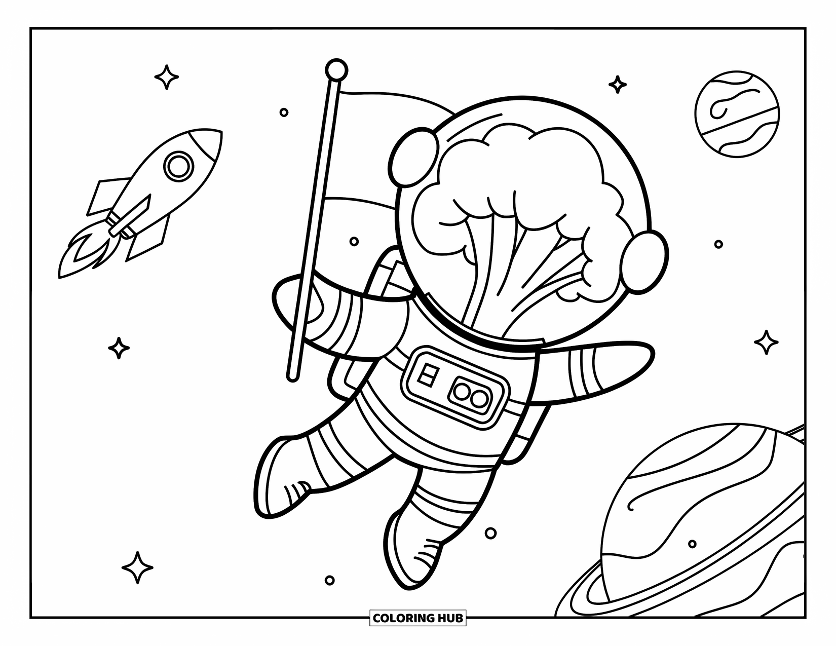 Broccoli Coloring Page for Kids: A broccoli astronaut floats in space, holding a flag near a rocket and planet