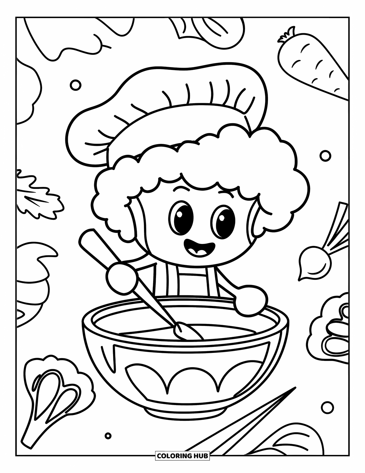 Broccoli Coloring Page for Kids: A broccoli chef stirs a bowl of soup with floating vegetables around