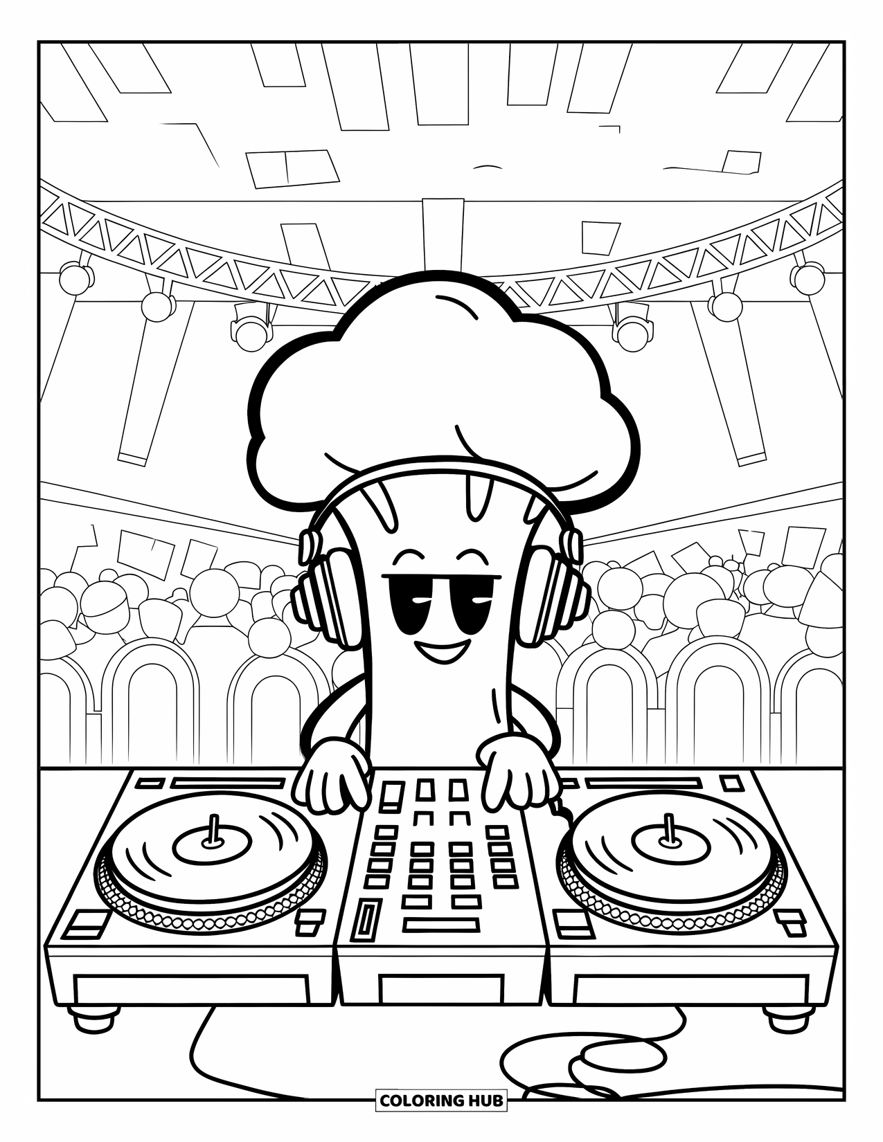 Broccoli Coloring Page for Kids: A broccoli DJ spins music in a lively concert hall with flashing lights and a dancing crowd