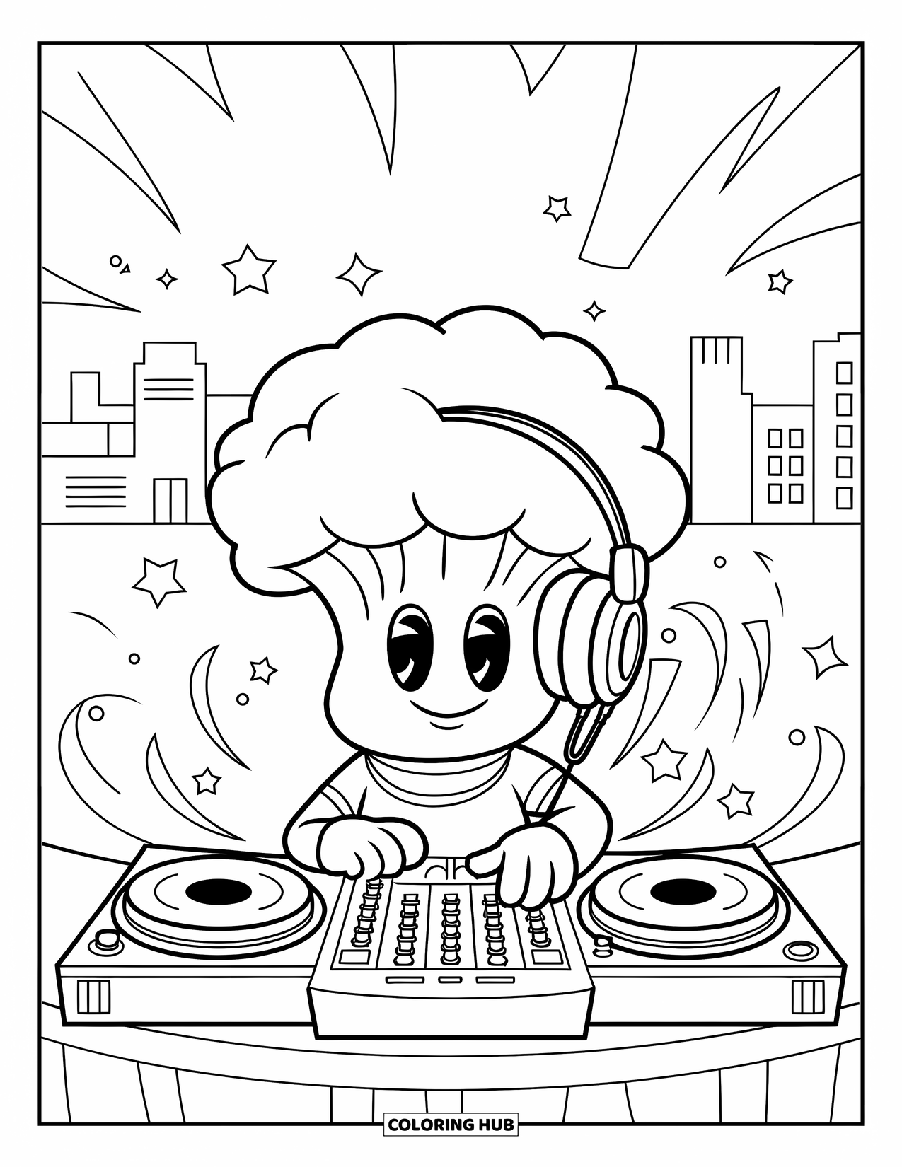Broccoli Coloring Page for Kids: A broccoli DJ surrounded by stars and waves mixes tracks with a city skyline behind