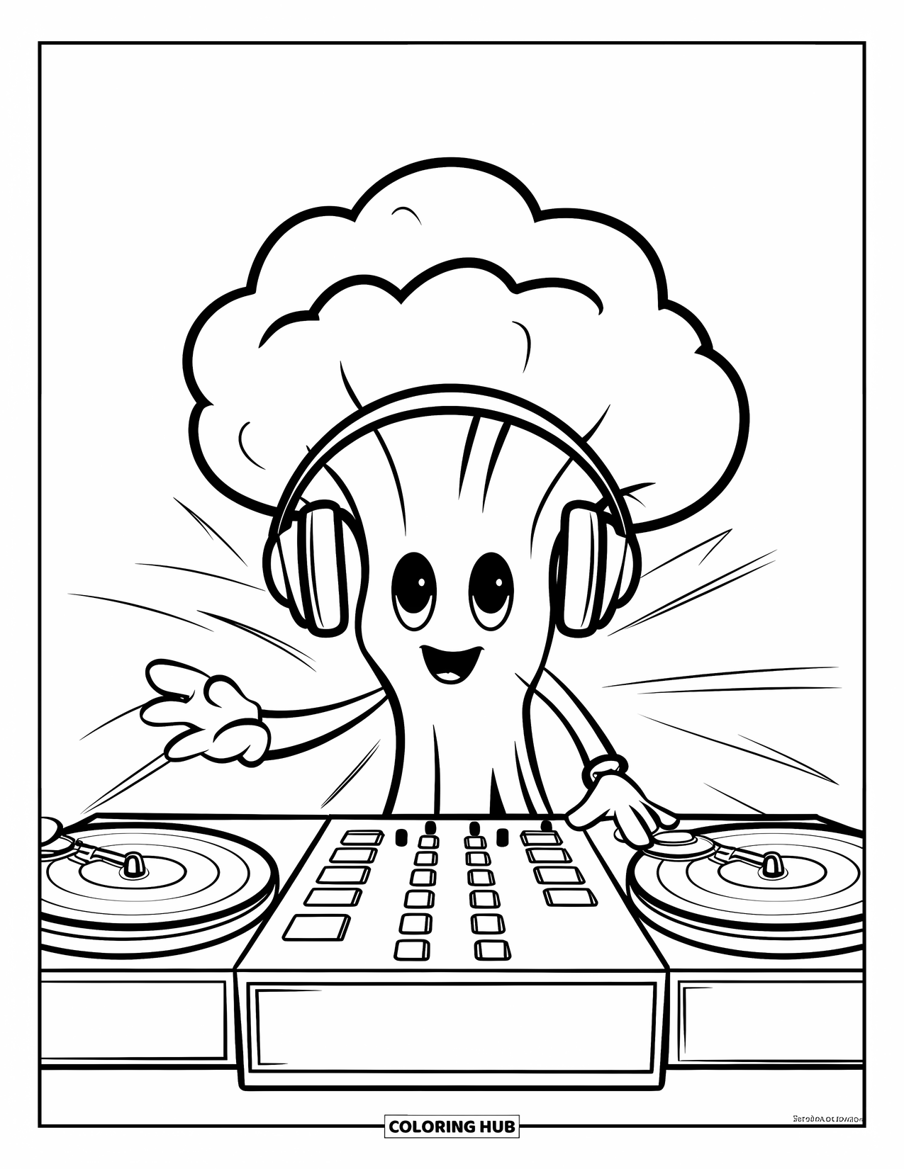 Broccoli Coloring Page for Kids: A broccoli DJ wearing headphones mixes beats behind turntables with energetic motion effects