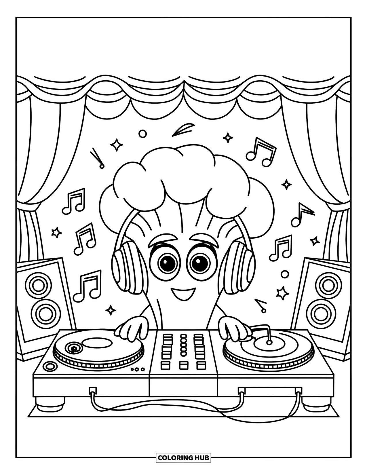 Broccoli Coloring Page for Kids: A broccoli DJ with a hat and expressive eyes drops beats on a stage with speakers