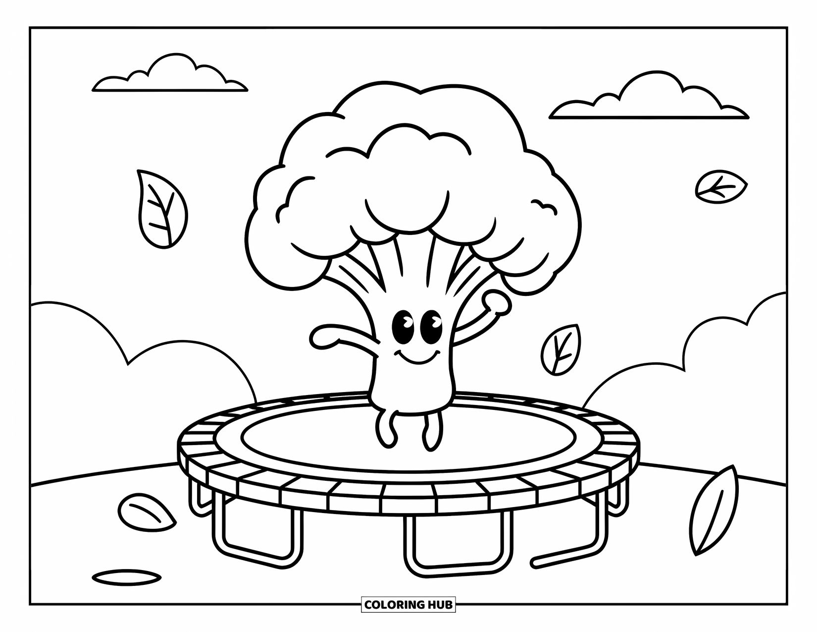 Broccoli Coloring Page for Kids: A broccoli enjoys a fun bounce on a trampoline under a clear sky
