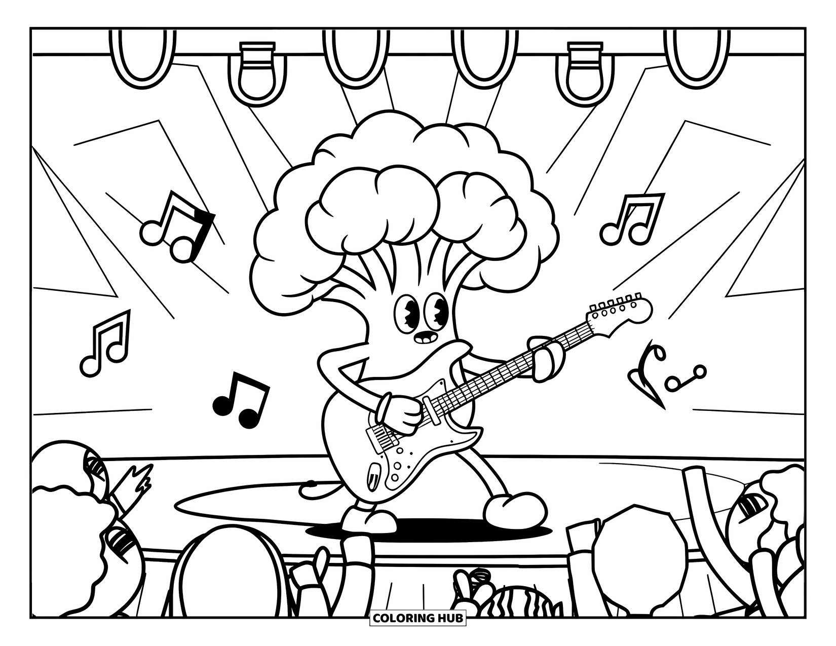 Broccoli Coloring Page for Kids: A broccoli guitarist performing on stage with floating musical notes and an excited crowd