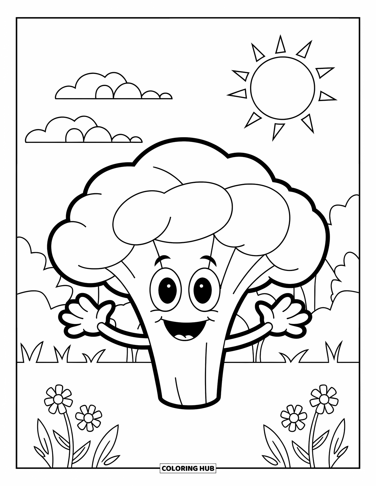 Broccoli Coloring Page for Kids: A broccoli happily waves in a garden with the sun shining behind